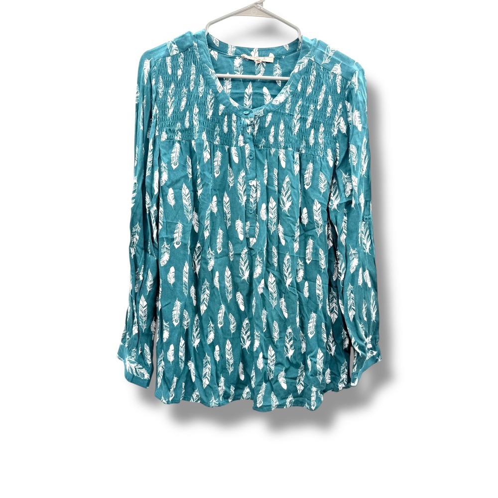 My Danielle Feather Print Boho Blouse Women's‎ XXL Teal Long Sleeve Smocked